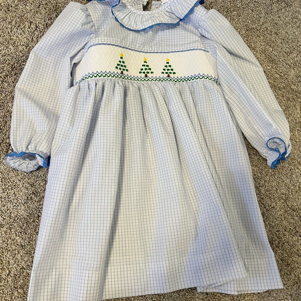 Blue window pane smocked Christmas tree dress